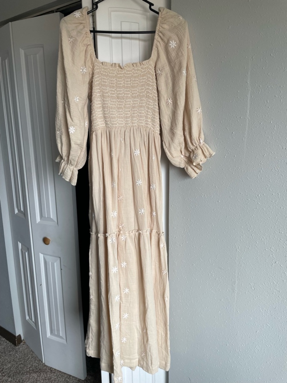 Beige Smocked Bodice Maxi Dress with Puff Sleeves